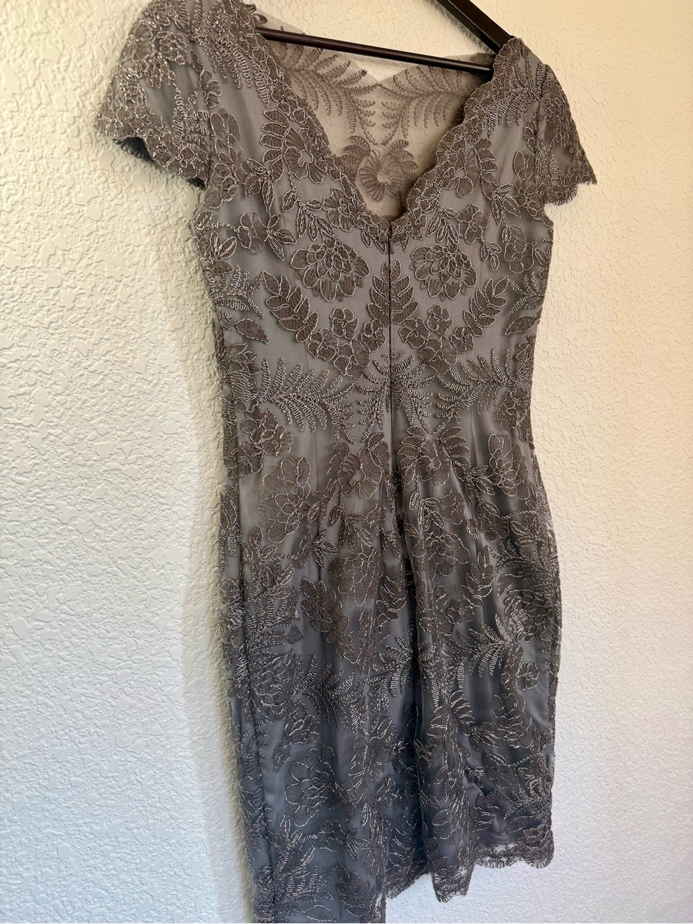 Tadashi Shoji Pemba Lace Sheath Dress | Metallic Smoke Embroidered Illusion Dres - Picture 10 of 13